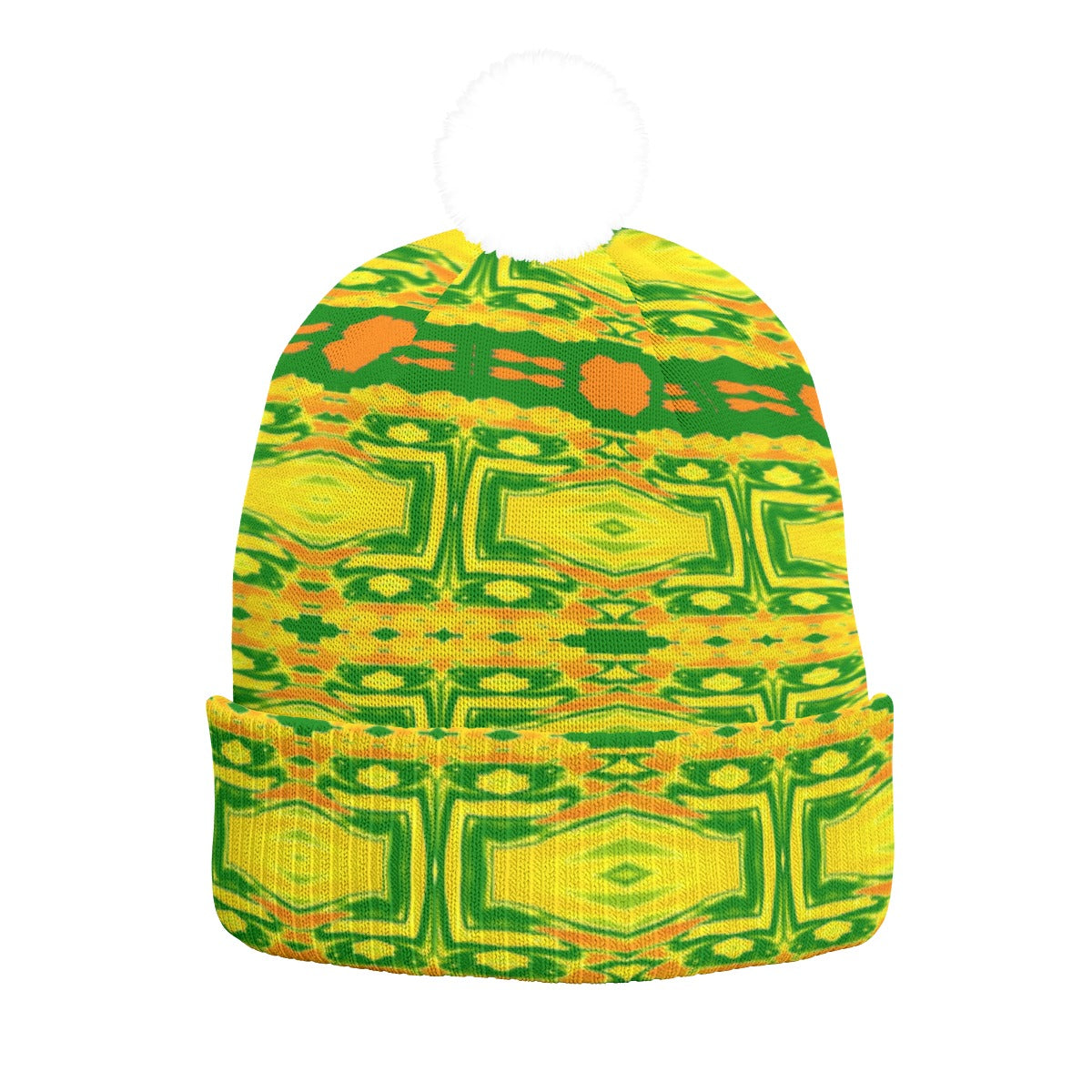 All-Over Print Knitted Hat With Pom-Pom