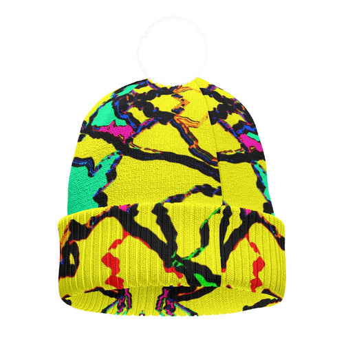 All-Over Print Knitted Hat With Pom-Pom