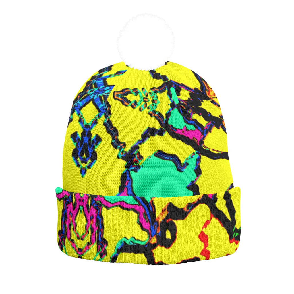 All-Over Print Knitted Hat With Pom-Pom
