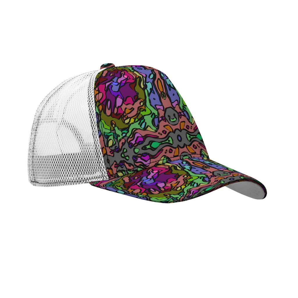 All-Over Print Black Buckle Peaked Mesh Cap With Box