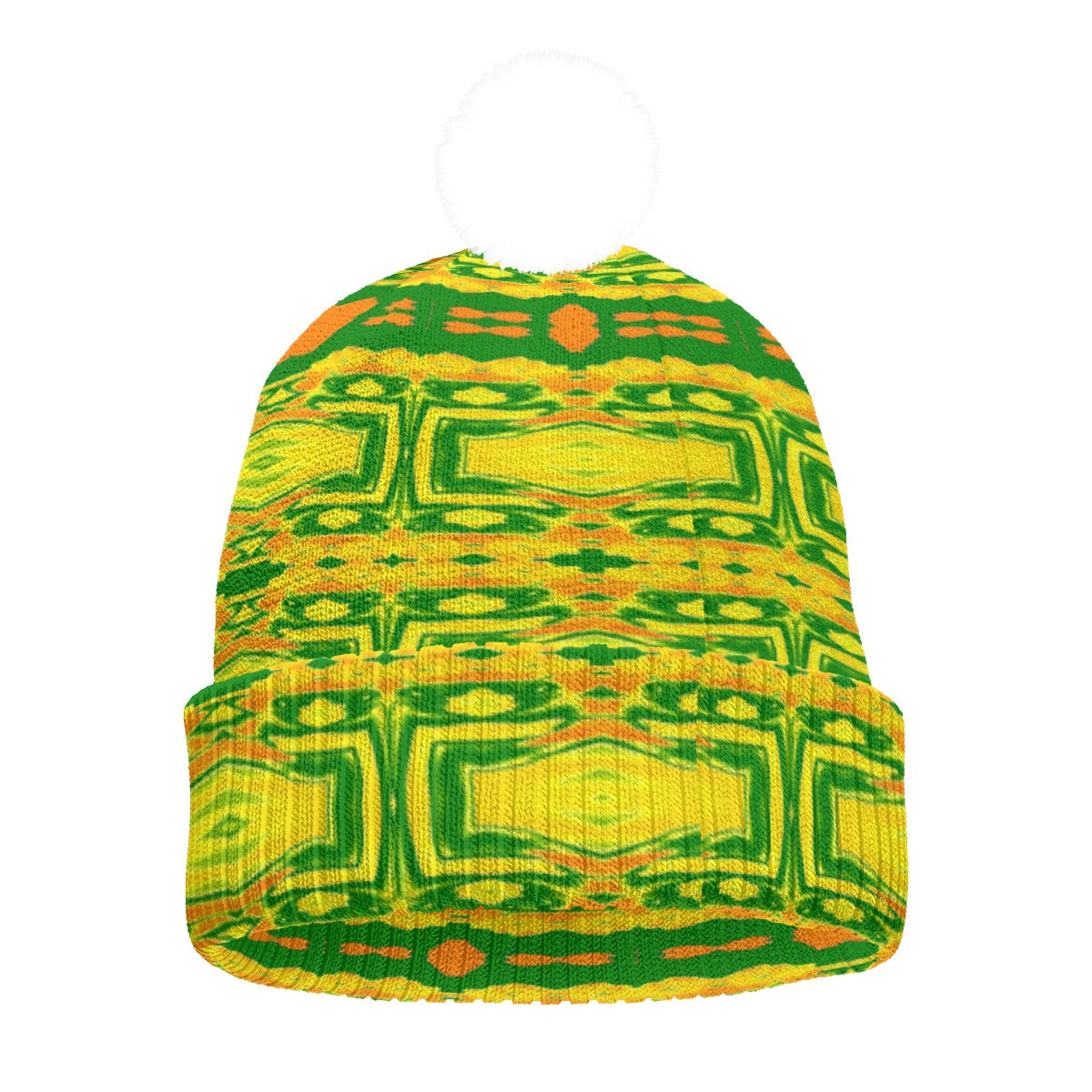 All-Over Print Knitted Hat With Pom-Pom