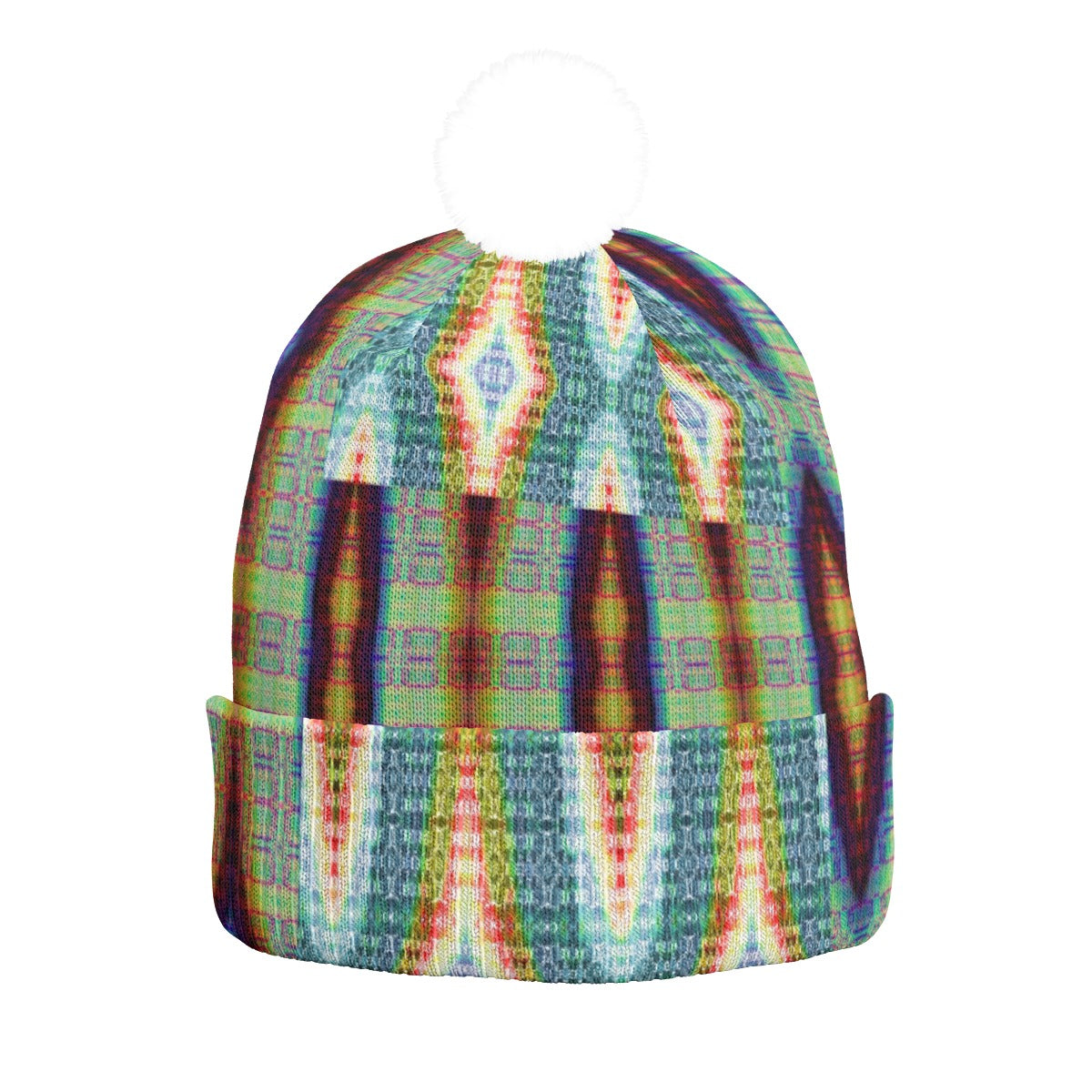 All-Over Print Knitted Hat With Pom-Pom