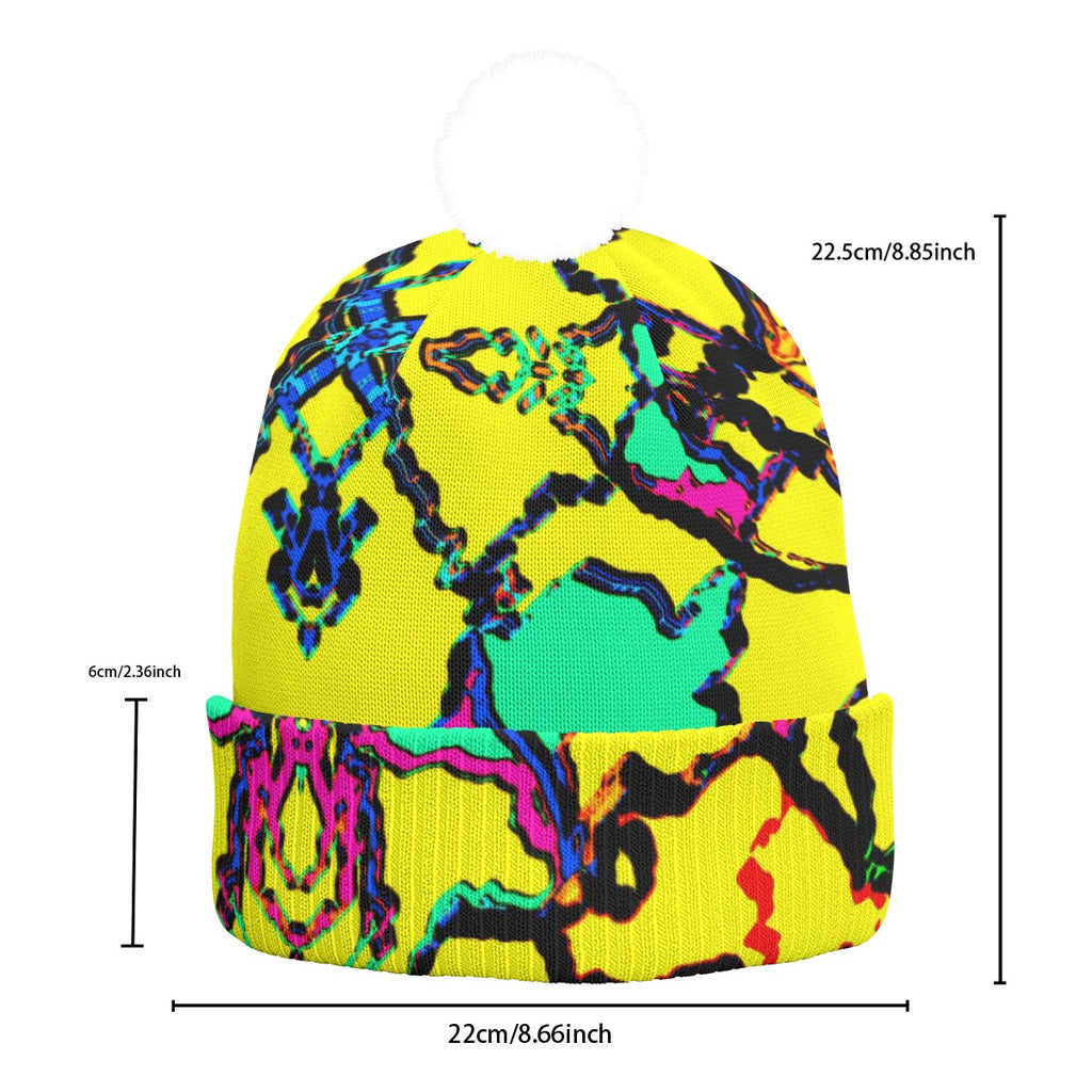All-Over Print Knitted Hat With Pom-Pom