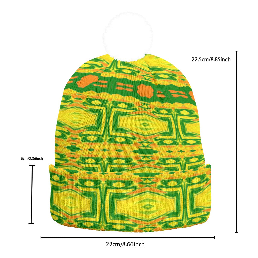 All-Over Print Knitted Hat With Pom-Pom
